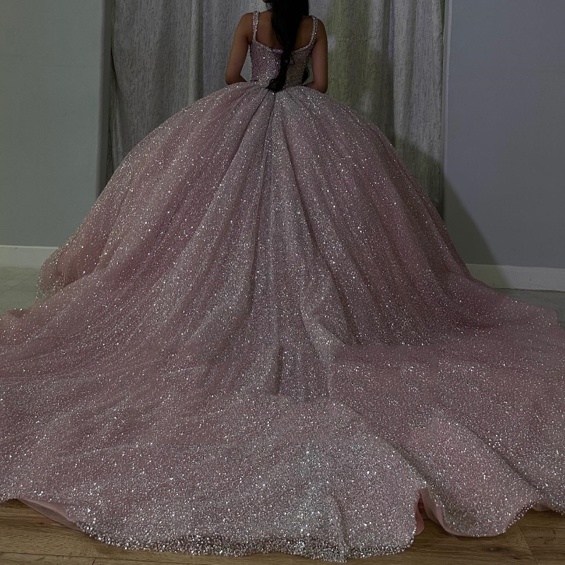 Pink Shiny Off The Shoulder Quinceanera Dresses Beads Crystal Ball Tull Gown Birthday Party Vestido De 15 Anos Sweet 16