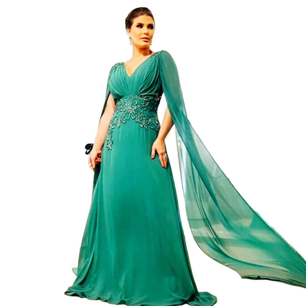 Elegant Hunter Chiffon Mother Of The Bride Dresses With Cape Sleeves V-Neck Long Groom Mom Formal Wear 2025 Wedding Guest Dress