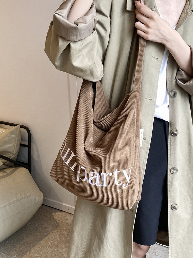 Korean Ins minimalist letter shoulder autumn and winter new corduroy canvas large capacity shopping commuting bag