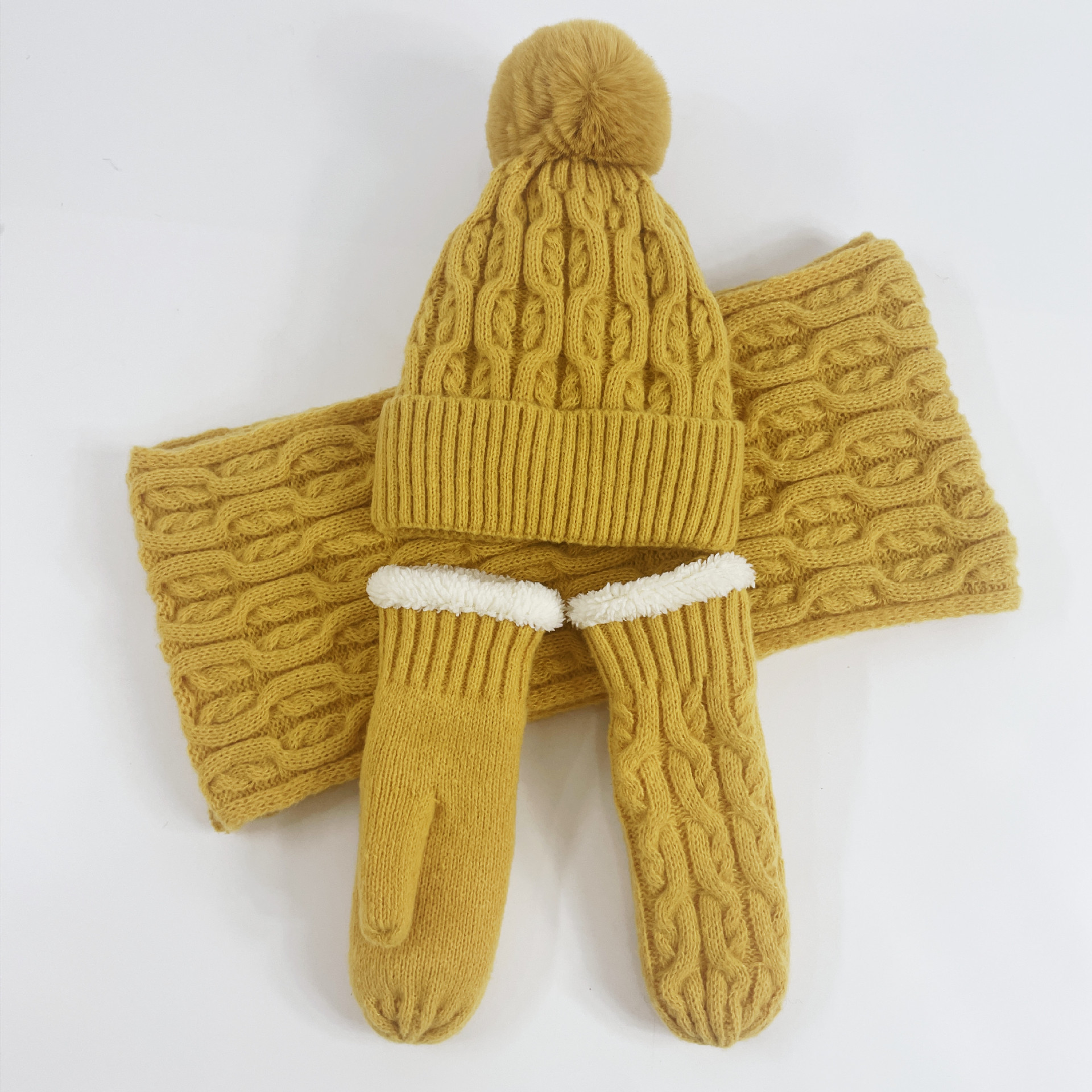 Winter hat for women with thick velvet and warm wool ball knitted wool hat scarf gloves three piece set windproof sleeve headband hat