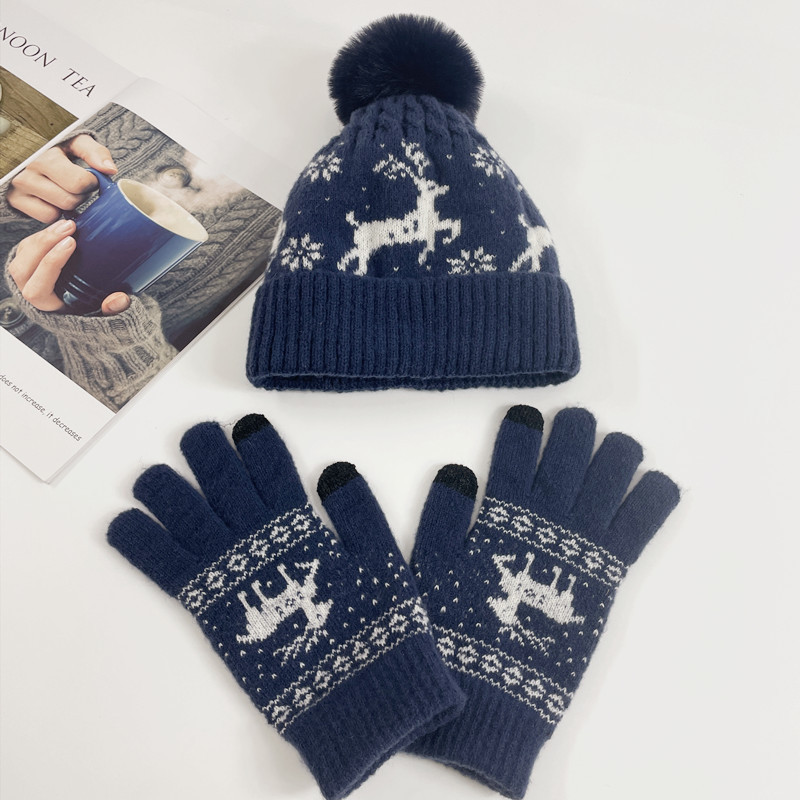 Christmas and Winter Knitted Wool with Velvet Hat Scarf Hat Glove One piece Deer Student Thick Warmth Set