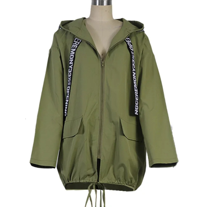 BAMBOOBOY Letter Print Green Trench Coat Spring Autumn Women Long Coat Loose Zipper Hooded Long Sleeve Overcoat Windbreaker 241127
