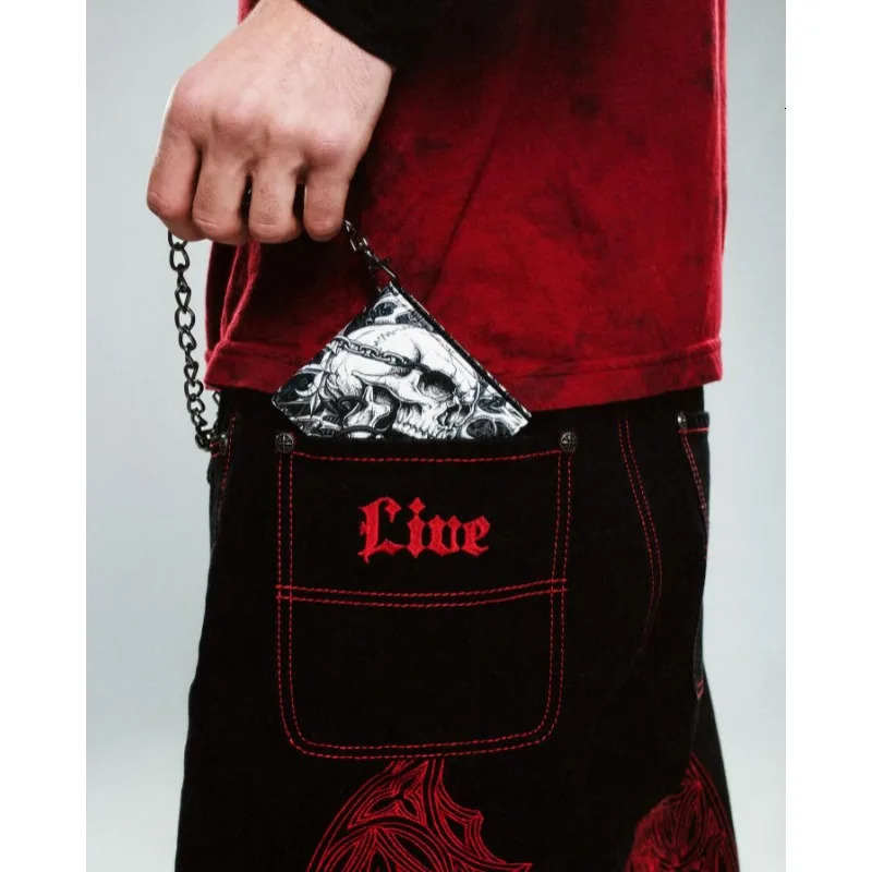 Gothic red embroidered high-quality mens graphic jeans hip-hop streetwear fashionable Y2K casual bag sports pants 241127