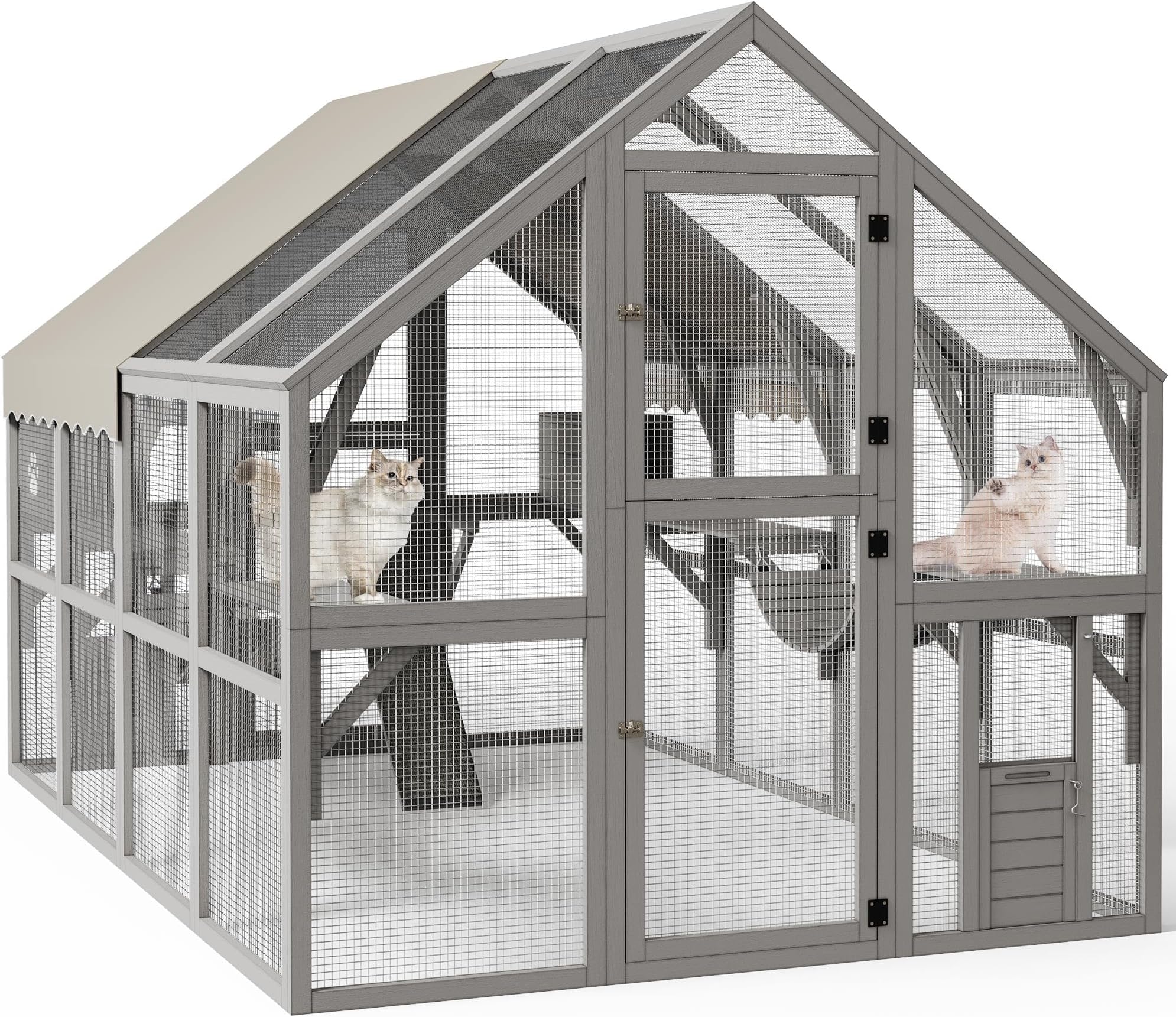 YITAHOME Extra Large Catio Outdoor Enclosure, 110 inch Outside Cattery with Weatherproof Roof, Scratcher Ramp, Cat Space Capsule Bed, Bridges, 2 Resti
