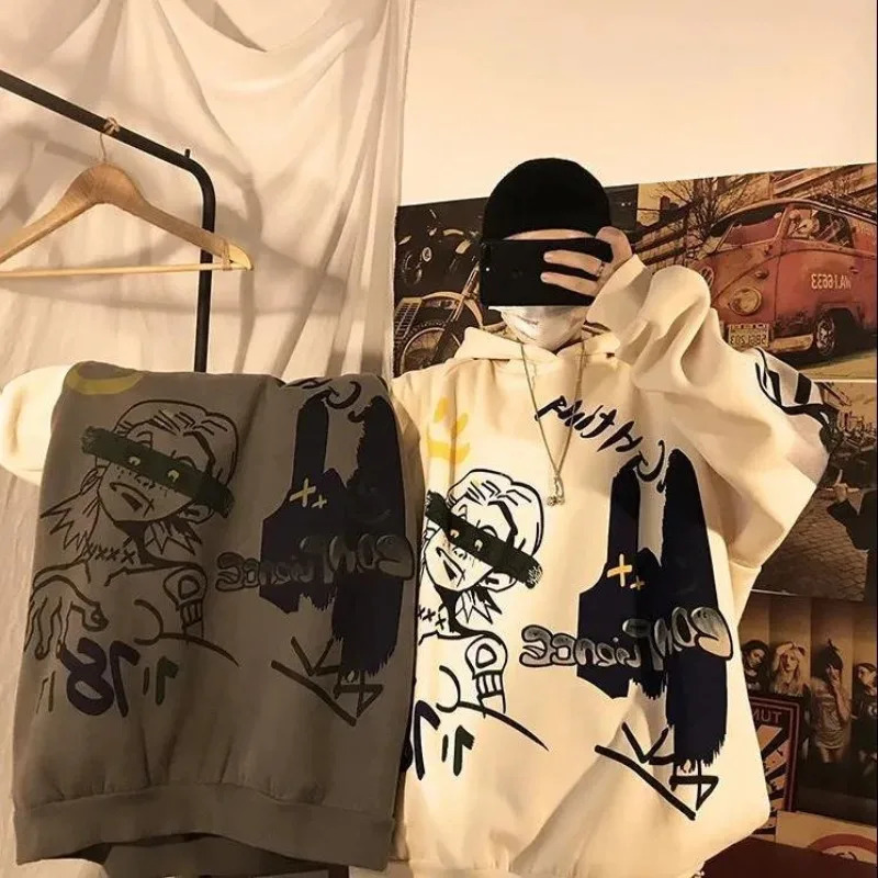Mens Hoodie Loose Printed Wool Graffiti Mens Hip Hop Harajuku Fashion Funny Top Y2k Clothing Welcome to Trade 241127