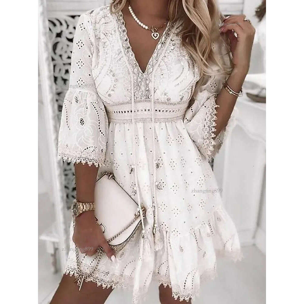 Casual Dresses White Lace Dress Women V Neck Up Female Patchwork Three Quarter Sleeve Vacation Beach Ladies A-line Party