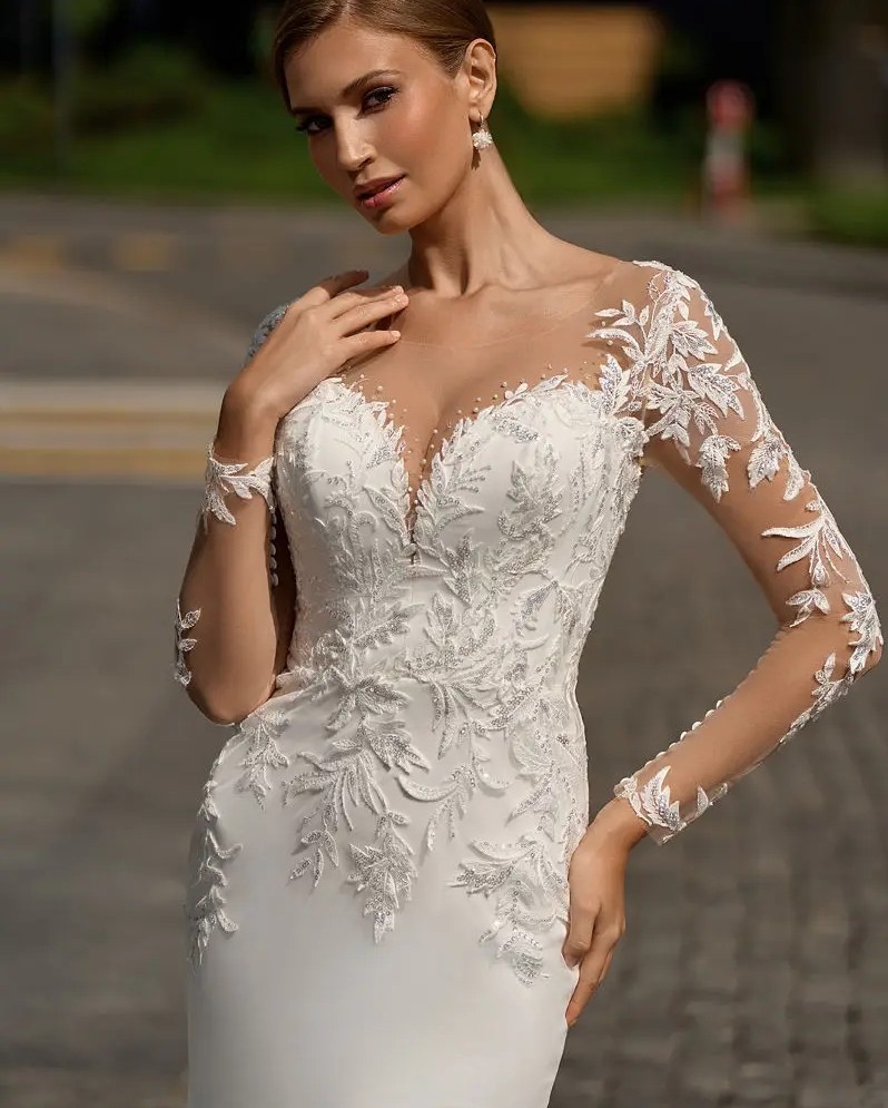 Elegant Mermaid Civil Wedding Dress 2024 V-Neck Long Sleeve Lace Appliques Backless Bride Gowns vestido de noivas robe de mariee