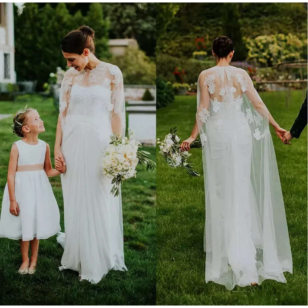 Pieces Two New Vintage With Wrap Sheer Lace Cape Chiffon Wedding Gowns Country Style Beach Garden Bridal Dresses