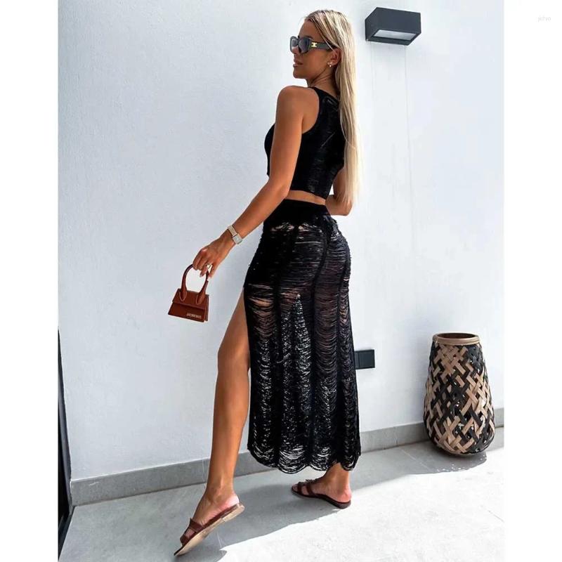 Cover-ups Knitted Sexy See Through Tassel Beach Cover Summer Camisole Blouse Bodycon Skirt Two-piece Set Hollow Out Dress