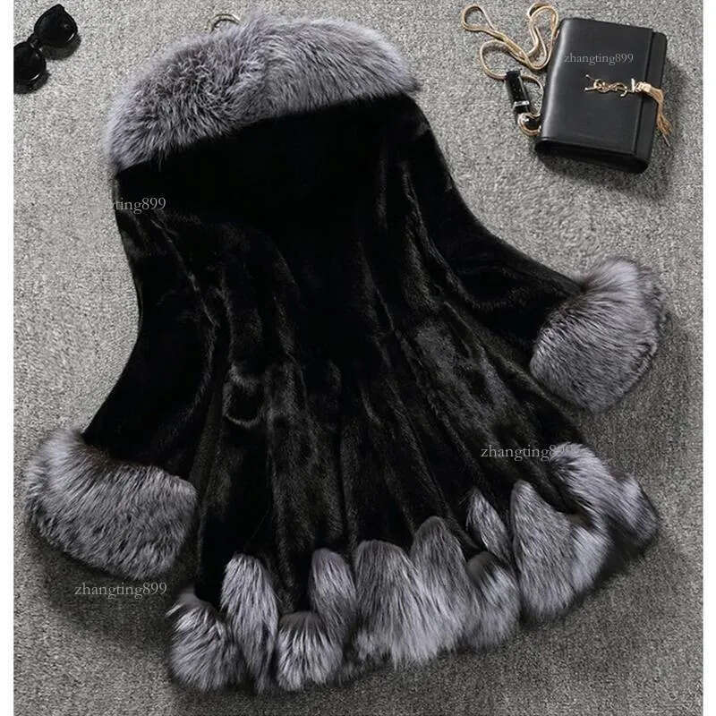 Fur Coat Female Fur Mink Hair Medium Length Hooded Slim Winter Jacket Coat Collar Natural Liner Long Outerwear