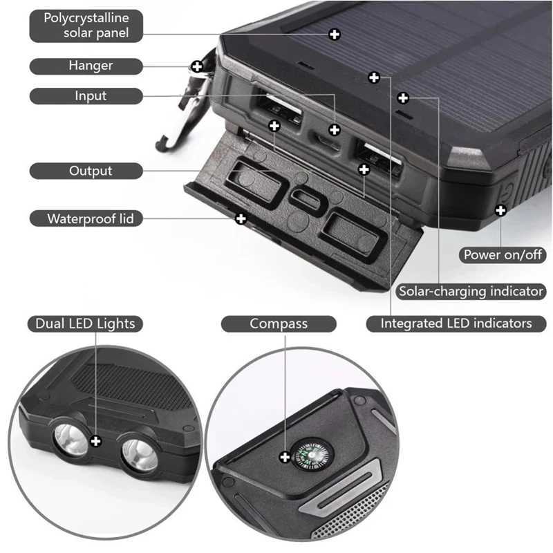 Cell Phone Power Banks 20000mAh solar battery pack outdoor portable charger Powerbank waterproof external battery dual USB charging with LED lights J2