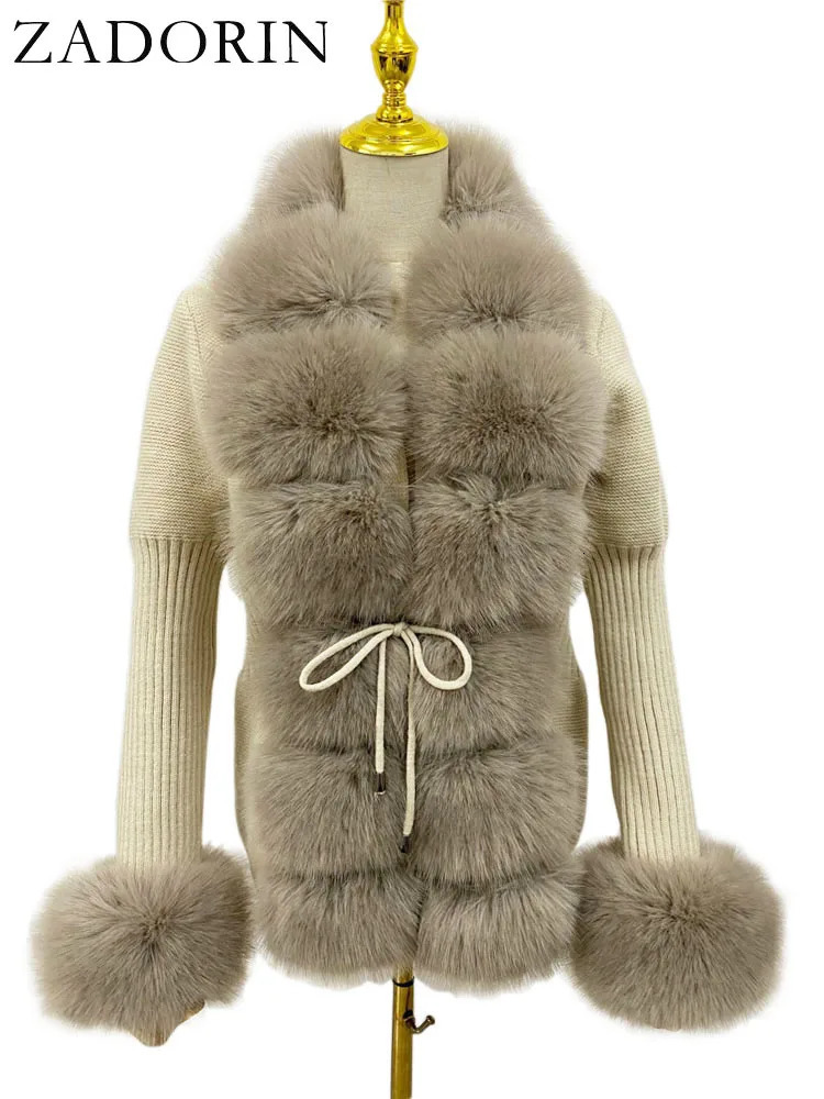 Zadorin Fall Winter Womens Faux Fur Coat Knitted Sweater Fur Open Fleece Sweater Detachable Collar White Pink Jacket Faux Fur Coat 241128