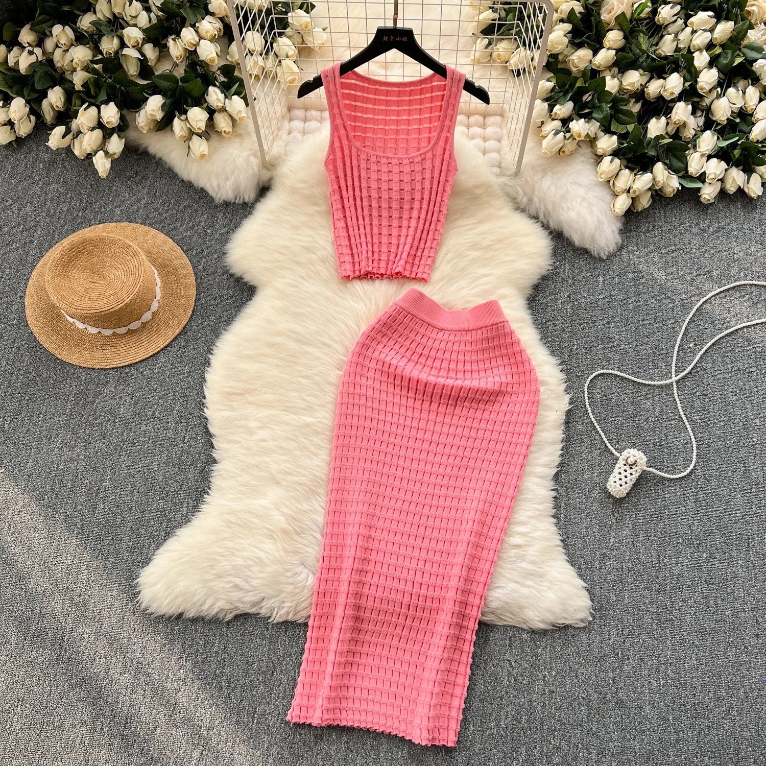 Summer Women Fashion Skirt Set Sexy Sleeveless Tank Tops High Waist Slim Long Saya Female Two Piece Suits Knit Solid Clothes 240423