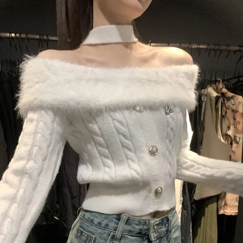 Autumn Winter Y2k Aesthetic Fluffy Sweater Slash Neck Off Shoulder Elegant Halter Crop Top Vintage Casual Fashion Pullover Women 241127
