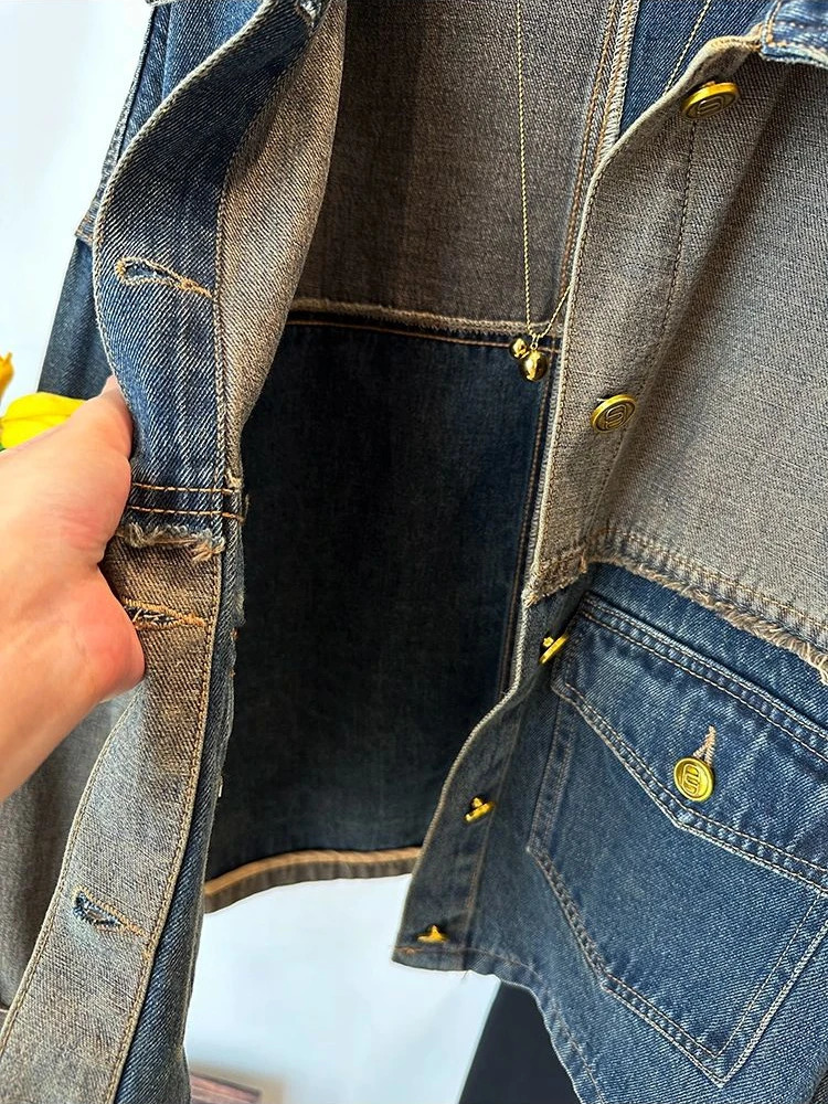 Fashionable retro jacket patch work contrasting color original edge long sleeved denim jacket casual loose fully matched womens clothing 241125
