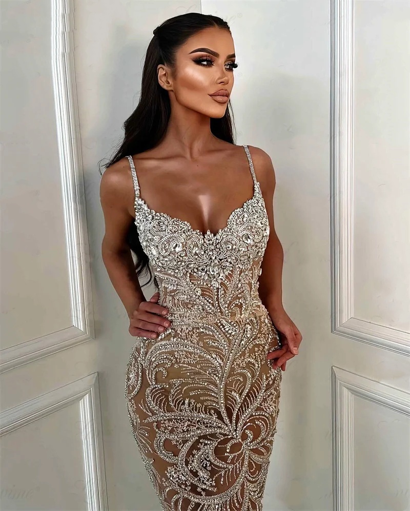 Gorgeous Crystal Evening Dresses Spaghetti Straps Prom Gown See Through Mermaid Illusion Party Dress Sleeveless Customized Vestidos de noche