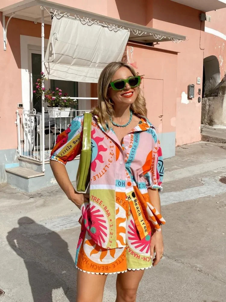 Summer Printed Colorful Shirts Shorts Set Women Short Sleeve Lapel Singlebreasted 2 Piece Suit Female Lady Holiday Outfits 240423