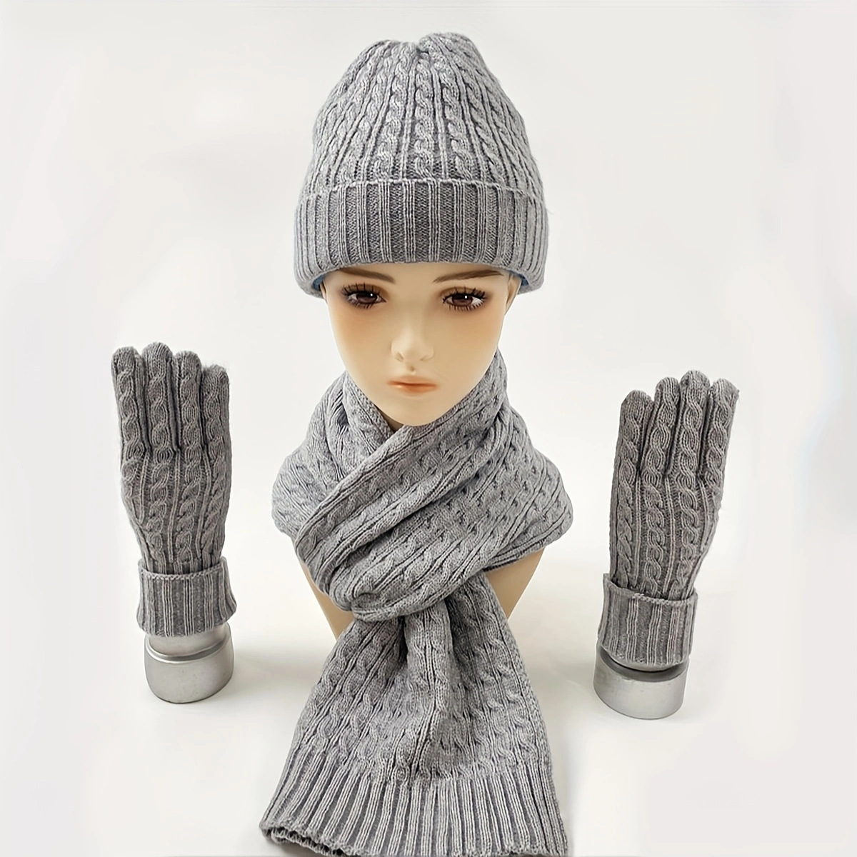 Winter European and American Fashion New Knitted Mask Hat Scarf One piece Women's Thickened Warm Autumn and Winter Solid Color Three piece Set
