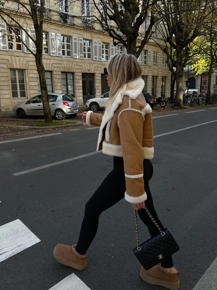 Elegant womens soft fur patch work suede coat fashionable lapel zipper cutting jacket autumn and winter womens warm commuting street jacket 241128
