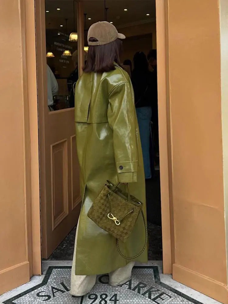 PU Leather Fashion Split Long Coat Women Single Breasted Loose Turndown Collar Pocket Street 2024 Autumn Outwear Green Jacket 241125