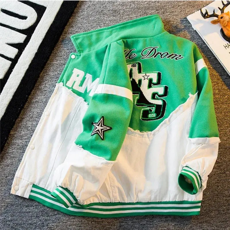 American retro denim stitching fashion embroidered jacket mens spring and autumn baseball uniform personalized trendy top 240415