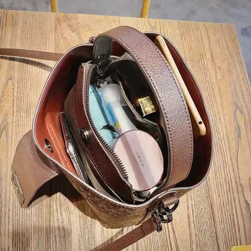 New Ellovado autumn and winter women trend leisure s single shoulder bucket shaped fashionable handbag with letter pattern printed on it large capacit