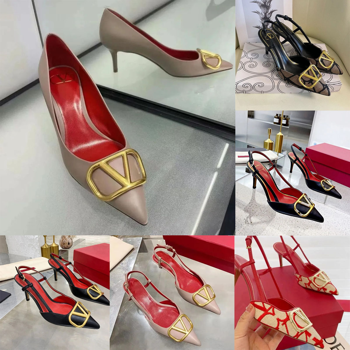 High Heels Shoes Summer Sandals Brand Pumps Women Pointed Shoes Classics Metal V-buckle Nude Black Red Matte 6cm 8cm 10cm Thin Heel Women's Wedding Shoes 35-44