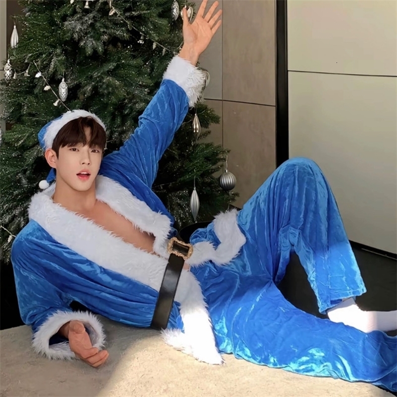 2024 Year Party Blue Christmas Clothing Santa Claus Costume Adult Santa Suit With Hat Men Woman Cosplay Halloween Costumes 241127