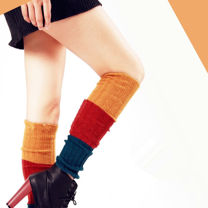Autumn and winter woolen sock covers women's tricolor spliced jacquard leg covers versatile and warm knitted woolen pile sock covers wholesale