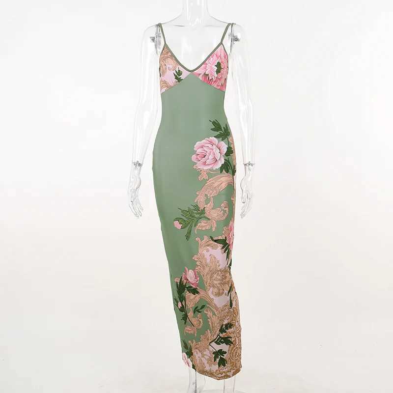 Sveless Floral Print Suspender Dress Women Fashion V-neck Slim Maxi Dresses 2023 Summer Chic Fe Beach Party Club RobeXJ2500207