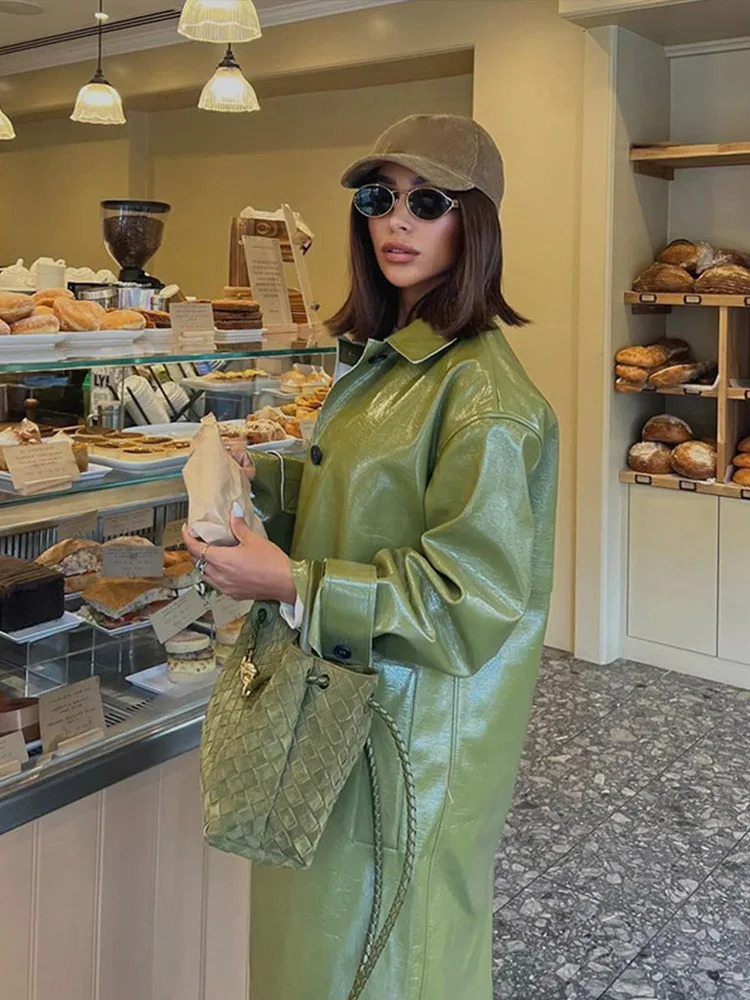 PU Leather Fashion Split Long Coat Women Single Breasted Loose Turndown Collar Pocket Street 2024 Autumn Outwear Green Jacket 241125
