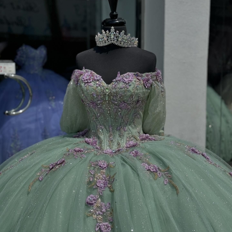 Mint Green Off-Shoulder Shiny Ball Gown Quinceanera Dresses 2025 Classic Applique Lace Beads Sweet 16 Dress Vestidos De 15 Anos