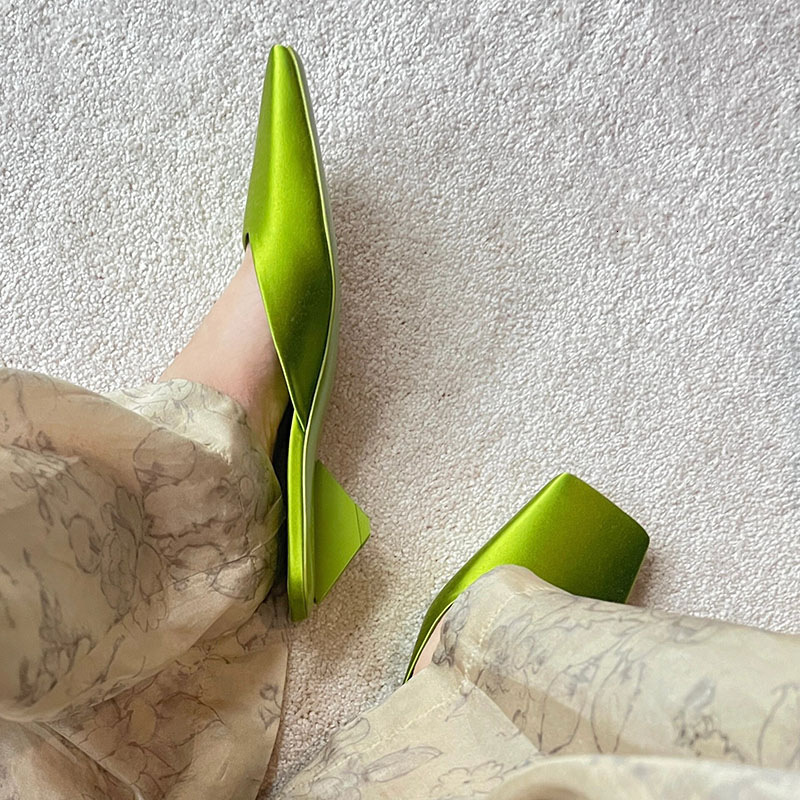 Elegant Green Satin Design Slippers Women 2024 Summer Fashion Middle Heel Square Toe Mules Loafers Brand Slide Sandals