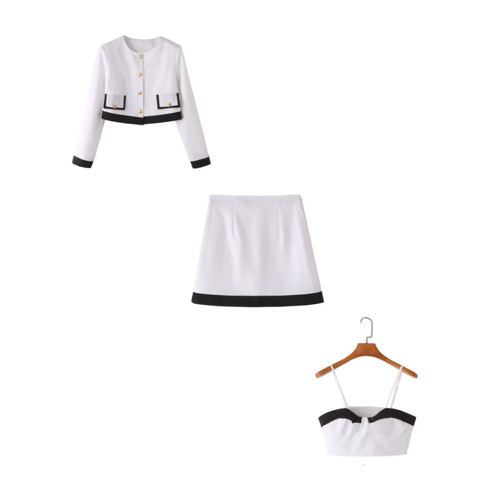 PB ZAVersatile Short Suit for Women Spliced Bra Mini Skirt Set Fashion and Elegance Spring Coat 240423
