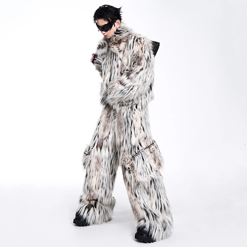 FEWQ 2024 Winter Men Two-piece Niche Fur Plush Long Sleeved Coats Large Pocket Decoration Casual Trousers Mens Suit 24E5008 241127