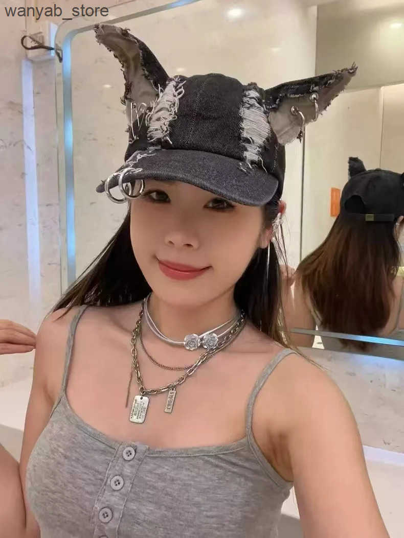 Beanie/Skull Caps Garbage style y2k Doberman dog ear wash denim baseball cap dark tie punk personality street hat tide L240910