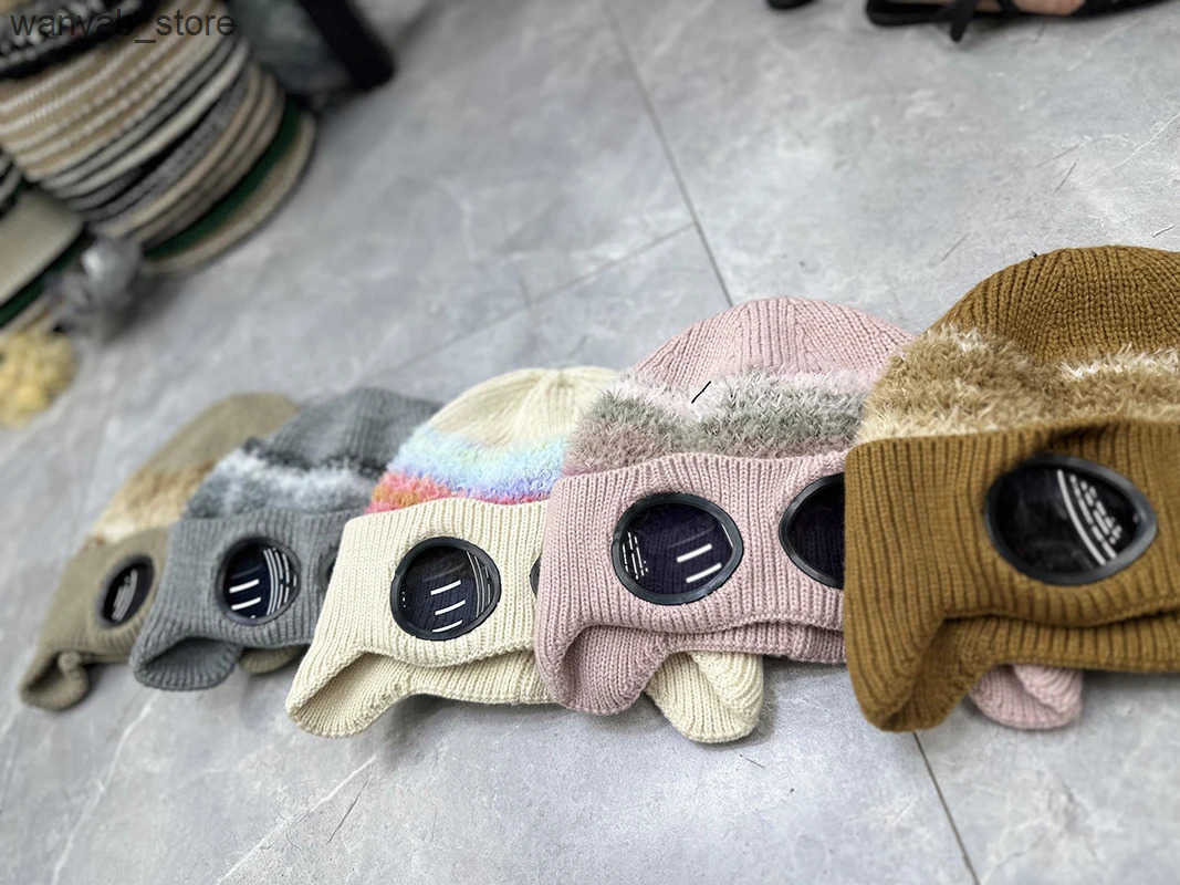 Beanie/Skull Caps Autumn and winter warm ski mask hat with sunglasses knitted and pulled Beanie womens outdoor ear protection sports cold hat Gorras L