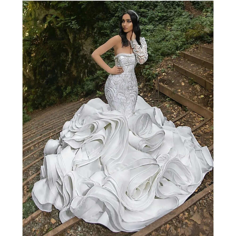 Ruffles Wedding Dresses Mermaid Plus Size One Shoulder Chapel Train Gorgeous Bridal Gowns Nigerian Arabic Marriage Dress