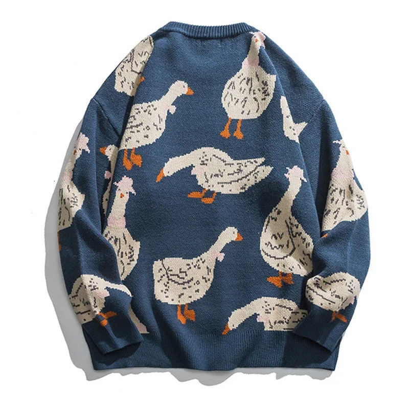 Japanese Knitted Sweater Men Cartoon Animal Duck Goose Print Pullover Harajuku Casual O-neck Oversize Top Streetwear Unisex Fall 241127