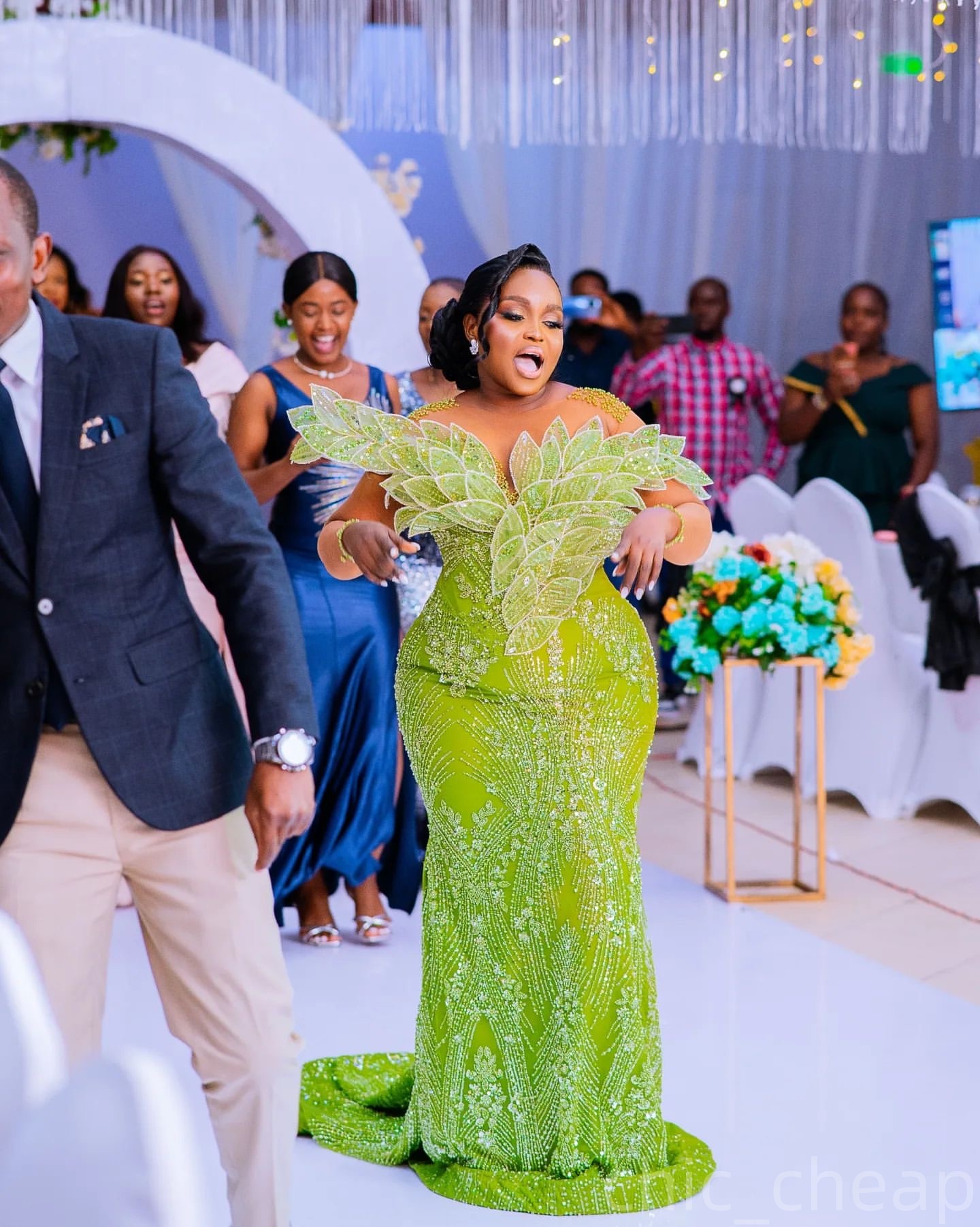 Green Mermaid Prom Dresses 2024 Florals Rhinestones Full Sleeves Lace Evening Formal Party Second Birthday Engagement Gowns Plus Size Dress For Specia