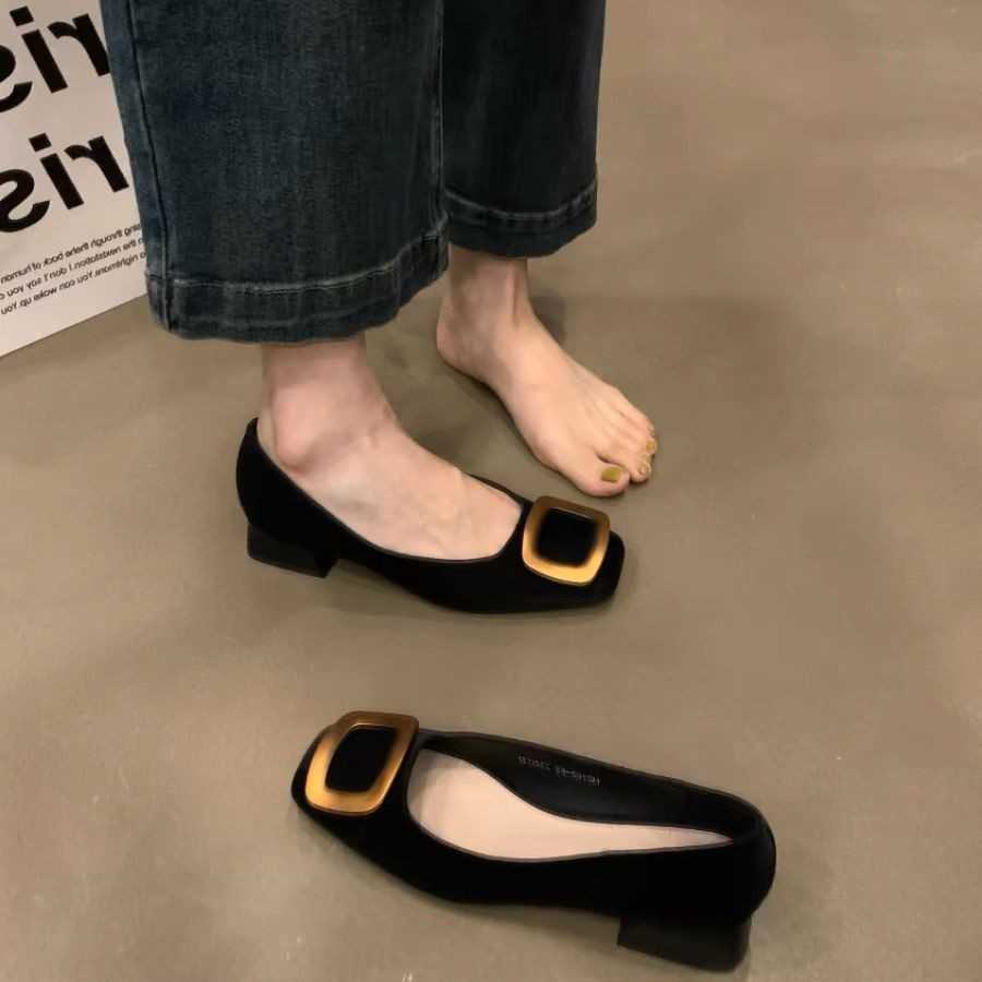 2025 Heels high heels Gentle fairy style design with sense of happiness new metal buckle square buckle thick heel soft sole non tiring single shoe