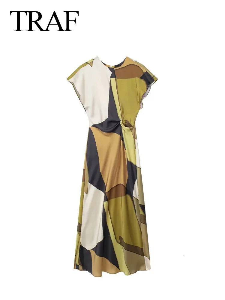 TRAF 2024 Summer Woman Fashion Vinatge Green Printed Long Dress A Line Sleeveless X Shape Midi Dresses For Indie Folk Style 240422