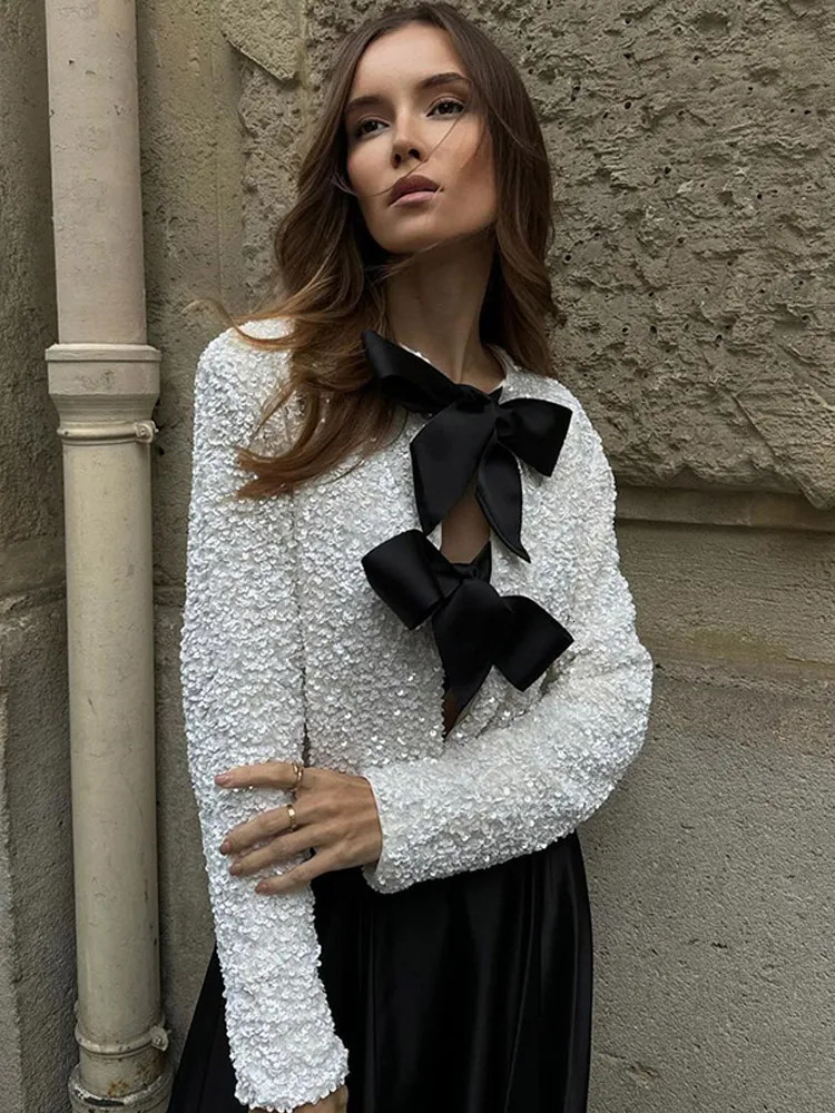 Fashion sequin bow lace womens jacket elegant O-neck long sleeved ultra-thin short jacket autumn womens fashion party streetwear 241125
