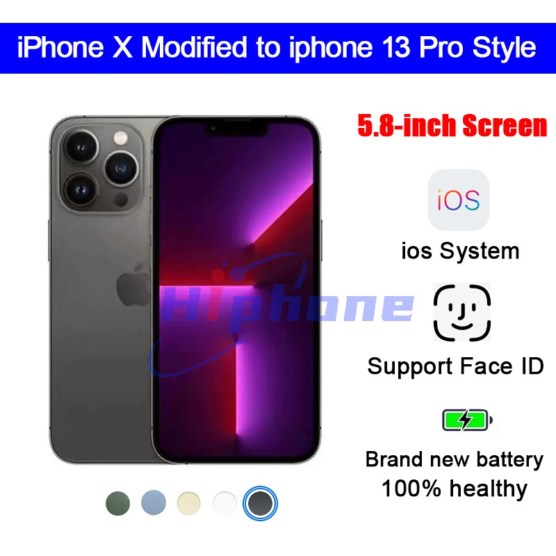 Refurbished Apple original iPhone X Modified to iPhone 13 Pro style phone with unlocked 13Pro box and camera appearance, 3G RAM 64GB/256GB ROM smartph