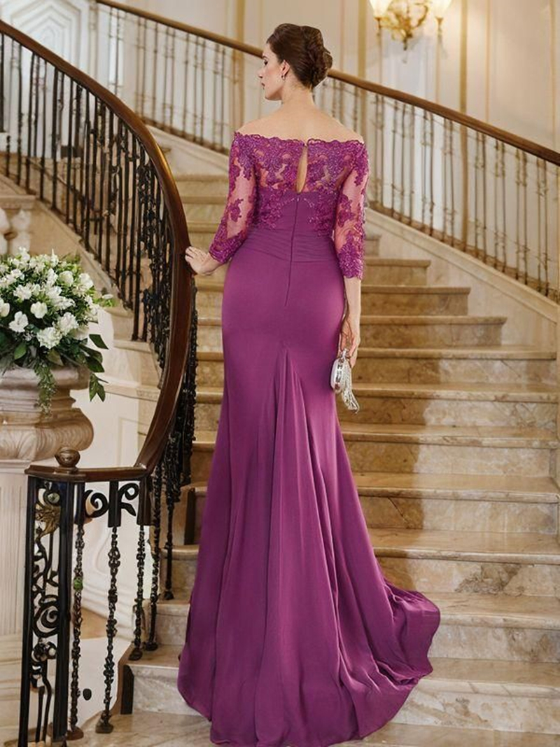 Elegant Purple Mermaid Mother Of The Bride Dresses Bateau Neck Lace Appliques 3/4 Long Sleeves Satin Formal Dress Wedding Guest Gown For Women 2025