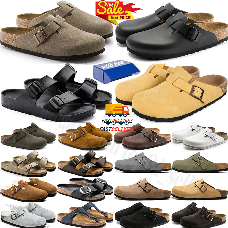 Boston Clogs Designer Slippers Sandals Slide Womens Mens Clog Fluffy Slider Leather Buckle Mules Cork Suede Shearling Soft Footbed Taupe Head Pull Cork Flat Shoes