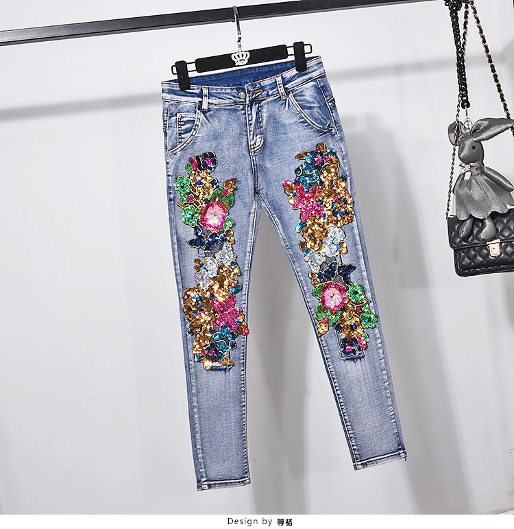 European Style Denim Suit Fashion Outfit Women Flower Sequined Denim Jacket Short Jacket Jeans Pants Two-Piece Set Female 240419