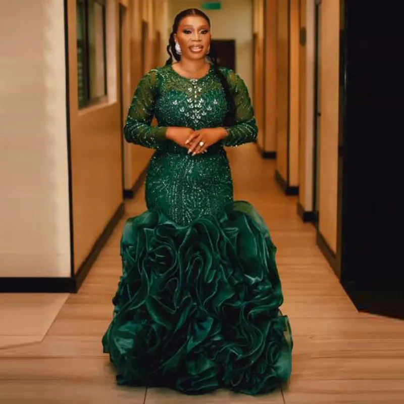 Hunter Green Mermaid Tiered Ruffles Prom Dresess Long Sleeves Beaded Sequined Aso Ebi Arabic Evening Gowns Women Reception Dress Anniversaries Celebri