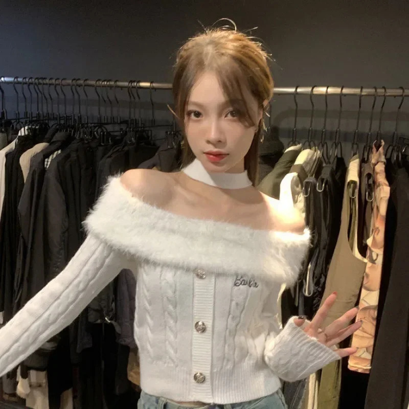 Autumn Winter Y2k Aesthetic Fluffy Sweater Slash Neck Off Shoulder Elegant Halter Crop Top Vintage Casual Fashion Pullover Women 241127
