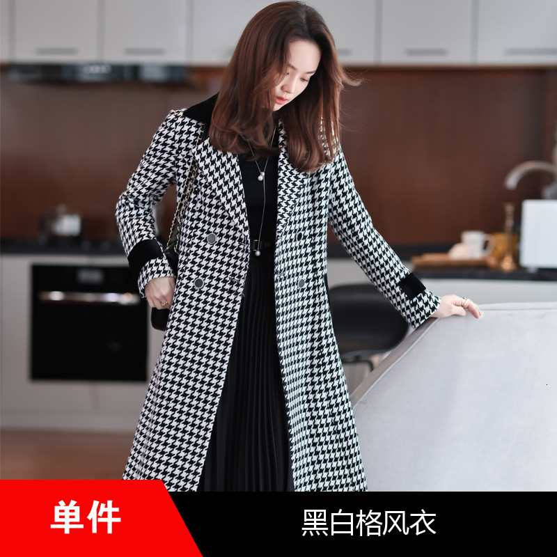 Women's Wool Blends Women's Medium Length Woolen Coat Autumn Korean Slim Coats Thousand Bird Check Double Breasted Suit Collar Coat 231010